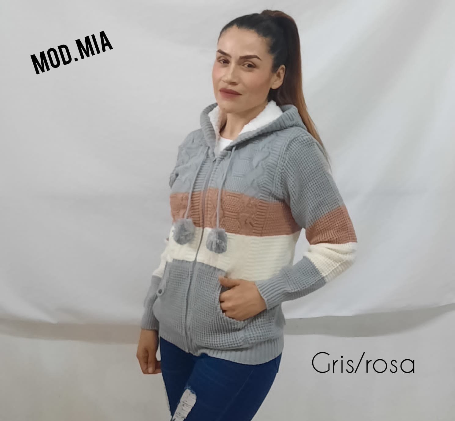 CHAMARRA MIA TEJIDA GRIS/ROSA (30-34)